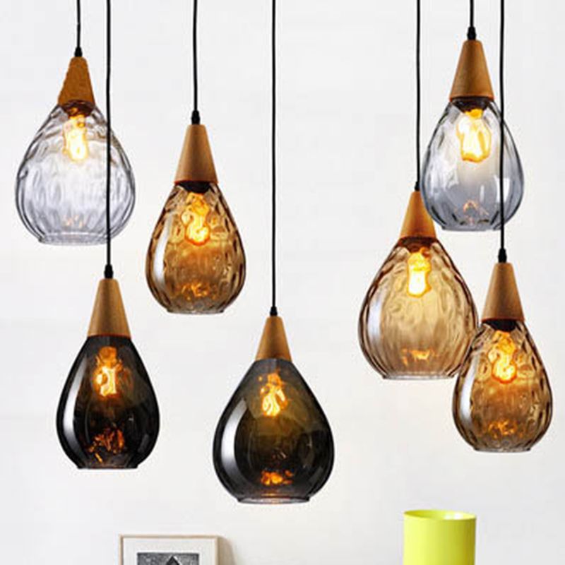 Salen Vintage LED Suspension Ambre Verre Bois Chambre à coucher-Luire