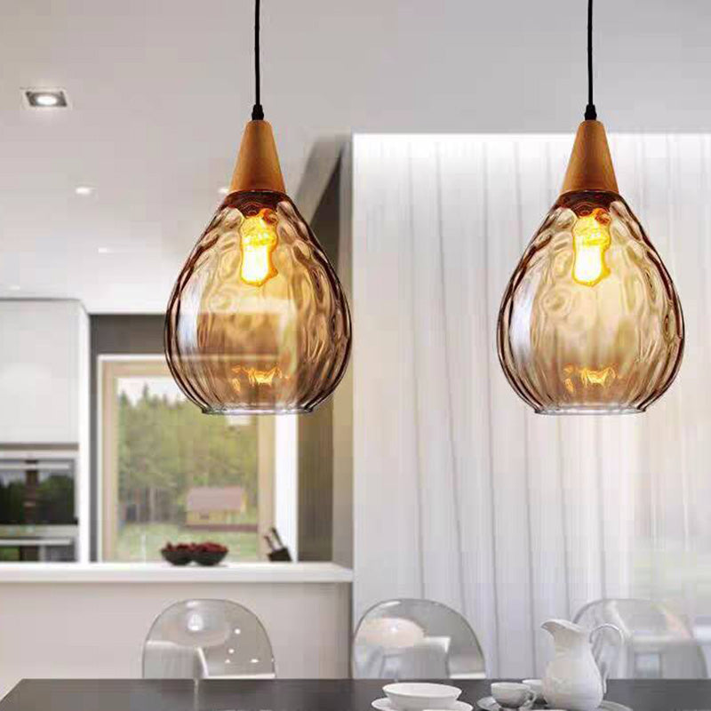 Salen Vintage LED Suspension Ambre Verre Bois Chambre à coucher-Luire