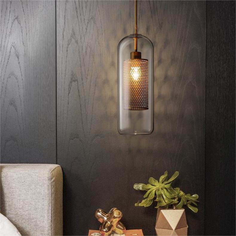 Vorinor Suspension Globe/Cylindre Moderne. Métal/Verre. Doré/Argent. Salon-Luire