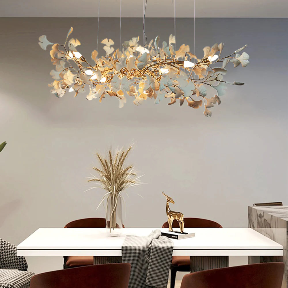 Korinor Lustre Suspension Feuille Artistic Design. Métal/Céramique. Blanc. Salon-Luire
